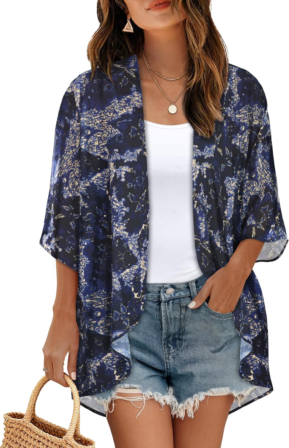 Womens Floral Kimono Cardigan Chiffon Beach Coverups Sheer Swimsuit Cover Up Casual Summer Tops