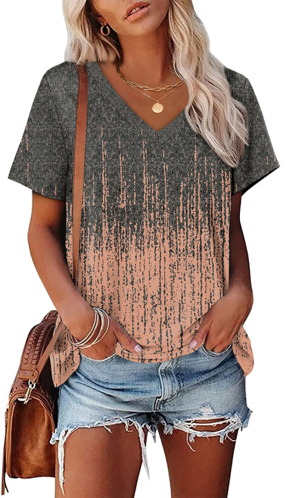 Womens Summer Tops Short Sleeve V Neck Casual T-Shirts Printed Trendy Vacation Outfits