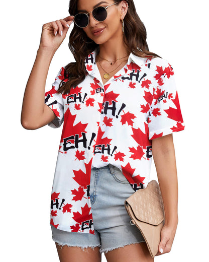 DUTUT Hawaiian Shirts for Women EH Maple Leaf Button Down Shirt Funny Graphic Tshirts Casual Short Sleeve Tops
