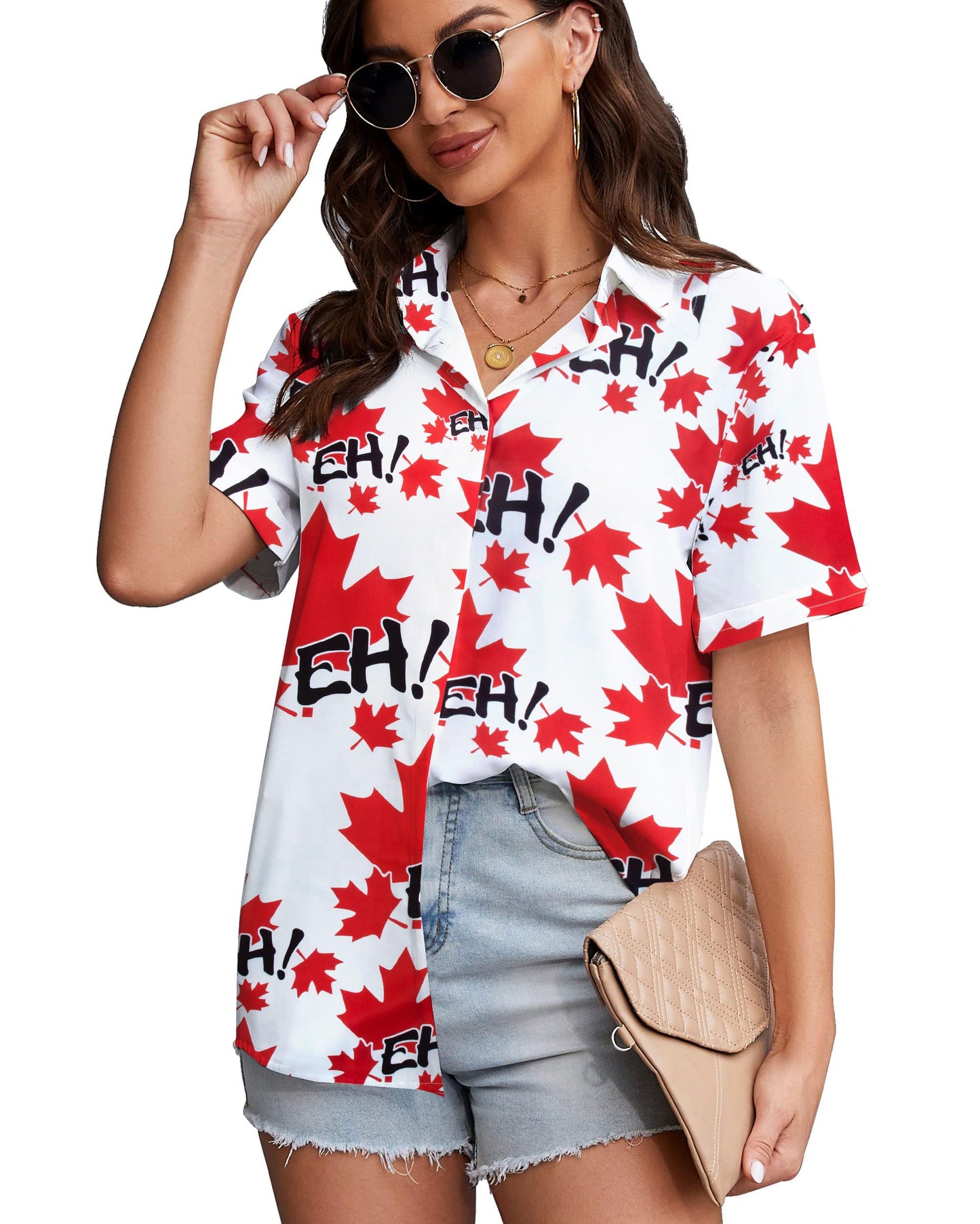 DUTUT Hawaiian Shirts for Women EH Maple Leaf Button Down Shirt Funny Graphic Tshirts Casual Short Sleeve Tops
