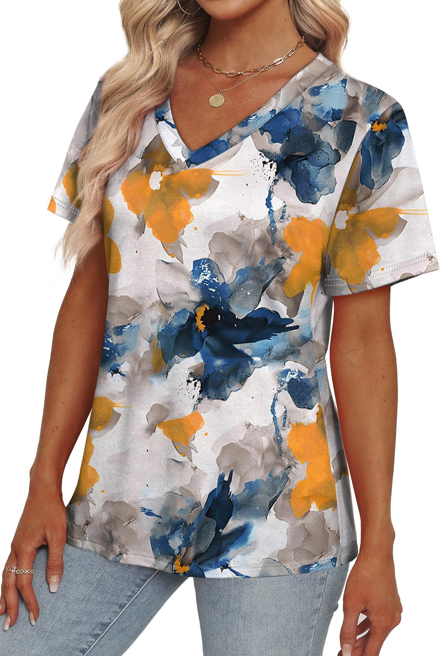 Womens Summer Tops Short Sleeve V Neck Casual T-Shirts Printed Trendy Vacation Outfits