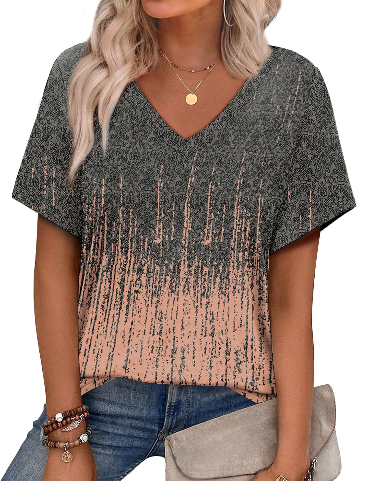 Womens Summer Tops Short Sleeve V Neck Casual T-Shirts Printed Trendy Vacation Outfits