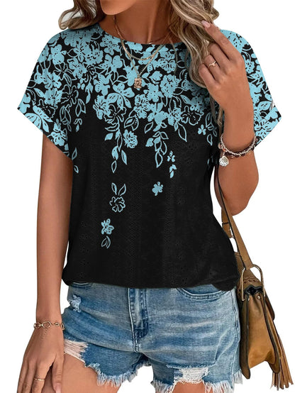 Womens Tops Eyelet Embroidery Summer Spring Crewneck Curved Hem 2025 Casual Cap Short Sleeve Tunic Trendy T Shirts