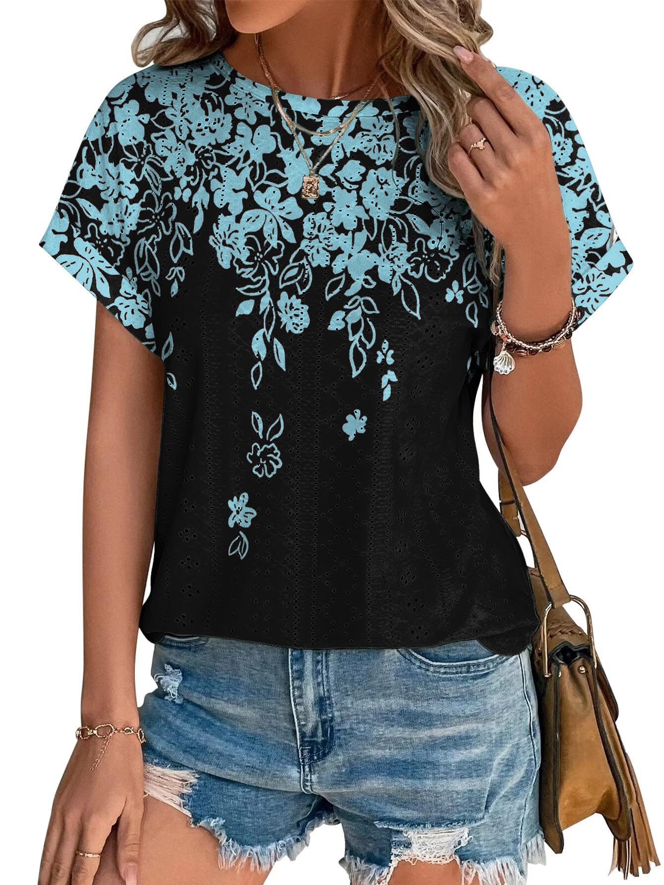 Womens Tops Eyelet Embroidery Summer Spring Crewneck Curved Hem 2025 Casual Cap Short Sleeve Tunic Trendy T Shirts