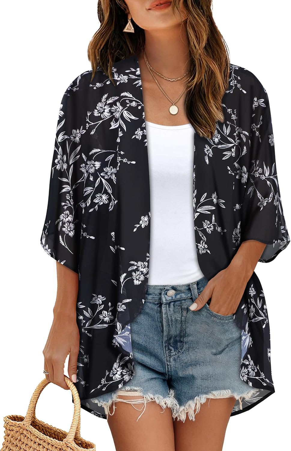 Womens Floral Kimono Cardigan Chiffon Beach Coverups Sheer Swimsuit Cover Up Casual Summer Tops
