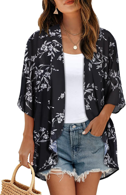 Womens Floral Kimono Cardigan Chiffon Beach Coverups Sheer Swimsuit Cover Up Casual Summer Tops