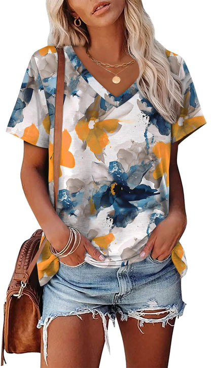 Womens Summer Tops Short Sleeve V Neck Casual T-Shirts Printed Trendy Vacation Outfits