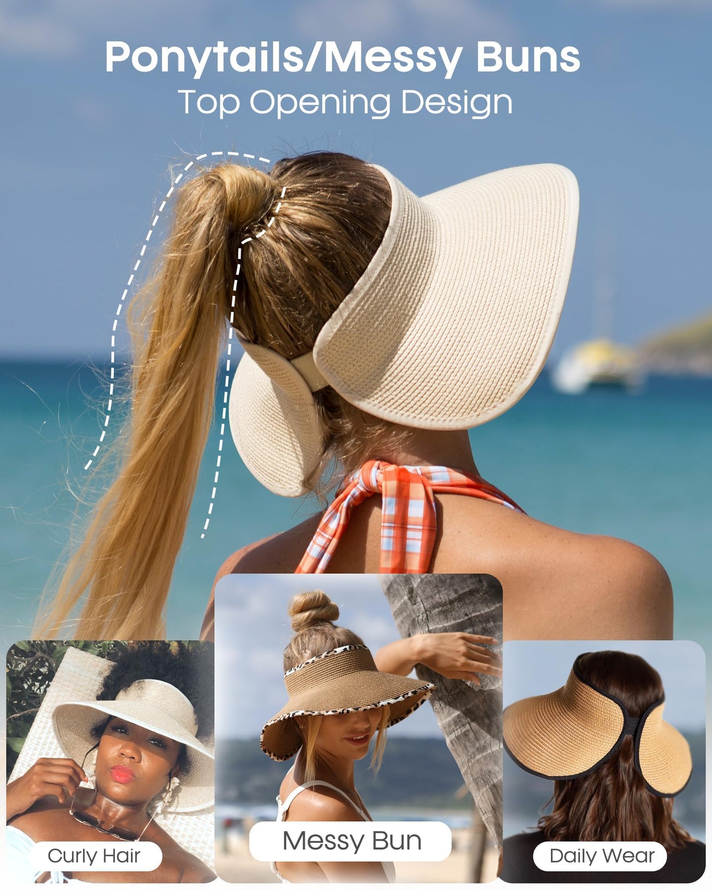 FURTALK Sun Visor Hats for Women Wide Brim Straw Roll Up Ponytail Summer Beach Hat UV UPF 50 Packable Foldable Travel
