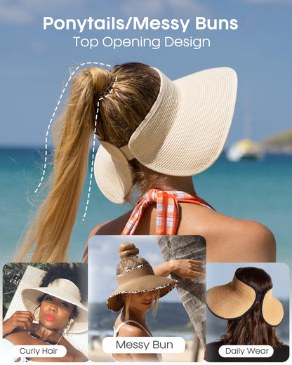 FURTALK Sun Visor Hats for Women Wide Brim Straw Roll Up Ponytail Summer Beach Hat UV UPF 50 Packable Foldable Travel