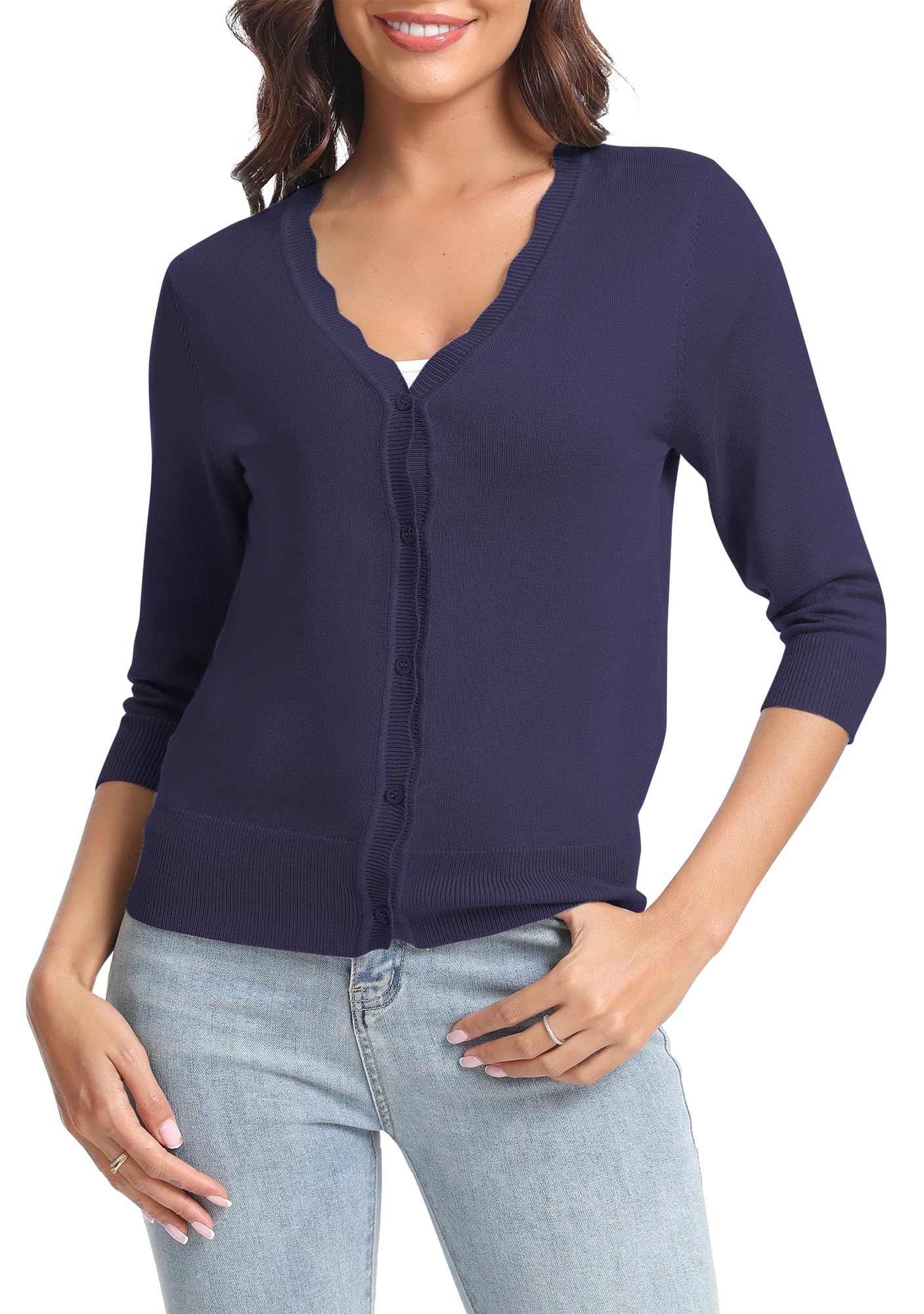 Urban CoCo Woman's 3/4 Sleeve Solid V-Neck Cardigan Sweater for Dress Lightweight Knit Shrugs