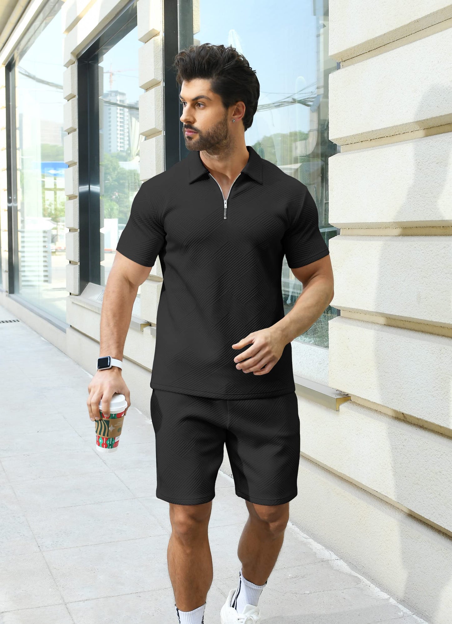 KUYIGO Men's Outfits Two-piece Casual Set Short Sleeve Polo Shirts and Beach Shorts Summer Tracksuits