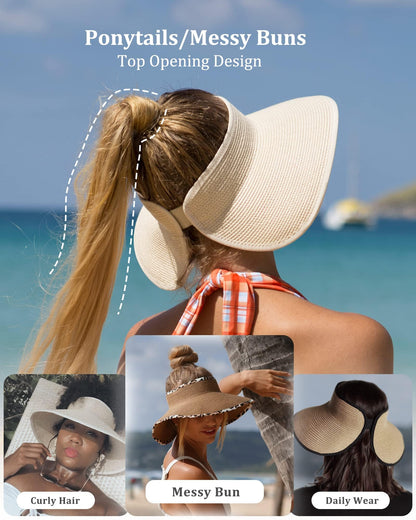 FURTALK Sun Visor Hats for Women Wide Brim Straw Roll Up Ponytail Summer Beach Hat UV UPF 50 Packable Foldable Travel