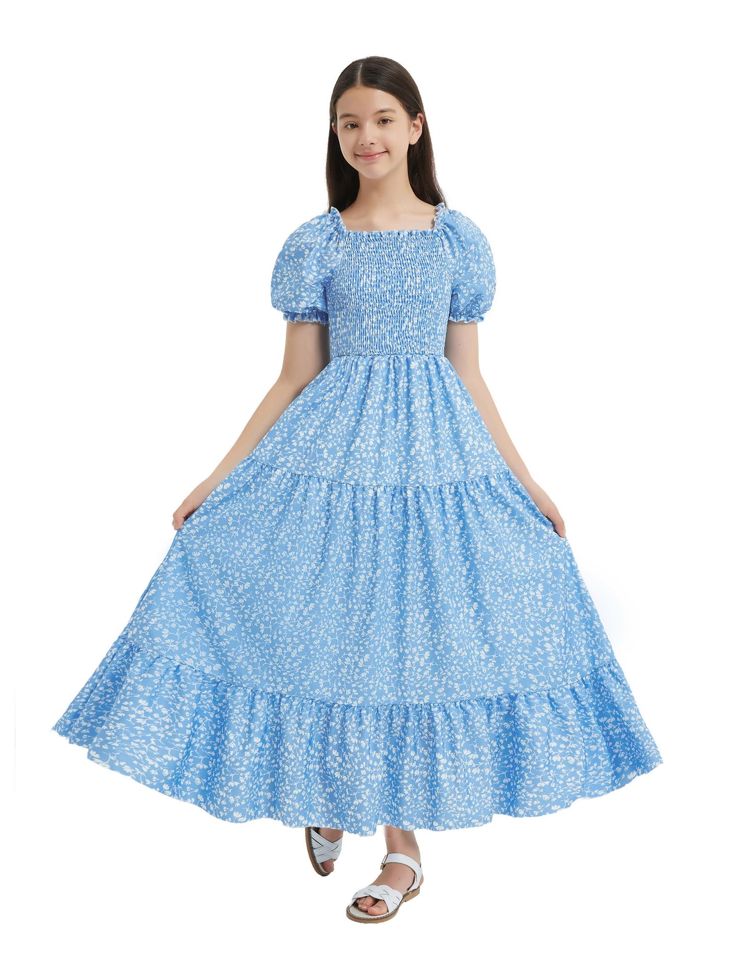 EXARUS Girls Maxi Long Smocked Dress Tween Swiss Dots Summer Square Neck Short Sleeve Casual A-line Dresses for 6-12Y | Tween A-Line Dresses Vacation Beach Sundress Beach Dance Casual Homecoming Party 6-14Y