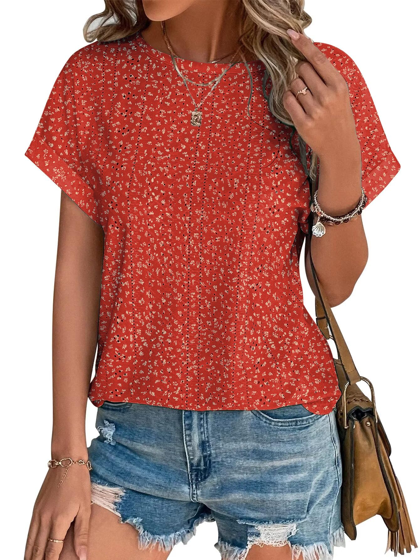 Womens Tops Eyelet Embroidery Summer Spring Crewneck Curved Hem 2025 Casual Cap Short Sleeve Tunic Trendy T Shirts
