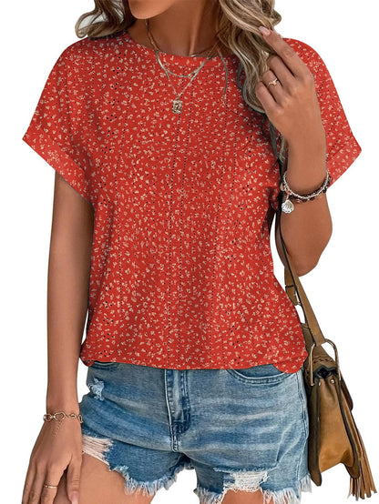 Womens Tops Eyelet Embroidery Summer Spring Crewneck Curved Hem 2025 Casual Cap Short Sleeve Tunic Trendy T Shirts