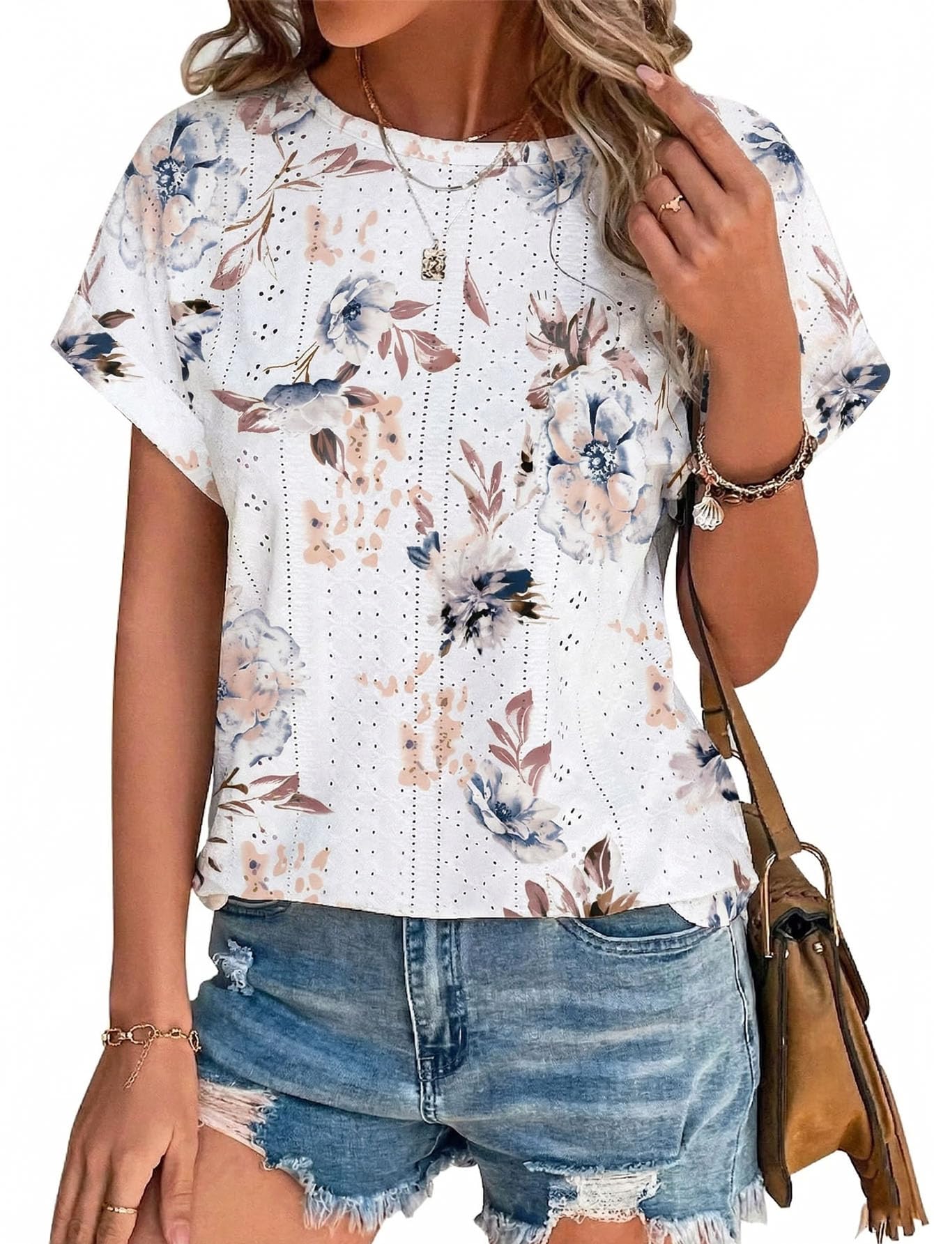 Womens Tops Eyelet Embroidery Summer Spring Crewneck Curved Hem 2025 Casual Cap Short Sleeve Tunic Trendy T Shirts
