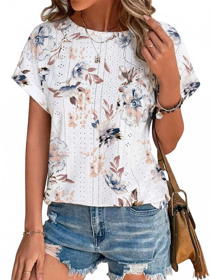 Womens Tops Eyelet Embroidery Summer Spring Crewneck Curved Hem 2025 Casual Cap Short Sleeve Tunic Trendy T Shirts