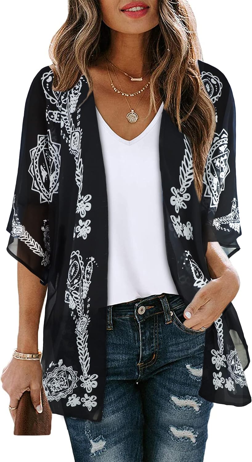 Womens Floral Kimono Cardigan Chiffon Beach Coverups Sheer Swimsuit Cover Up Casual Summer Tops