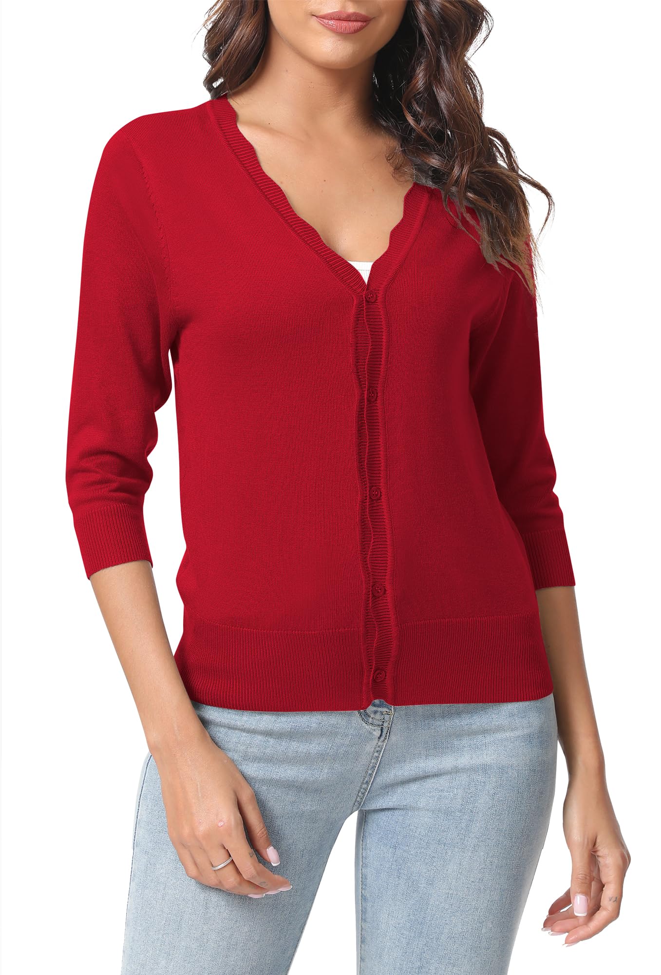 Urban CoCo Woman's 3/4 Sleeve Solid V-Neck Cardigan Sweater for Dress Lightweight Knit Shrugs