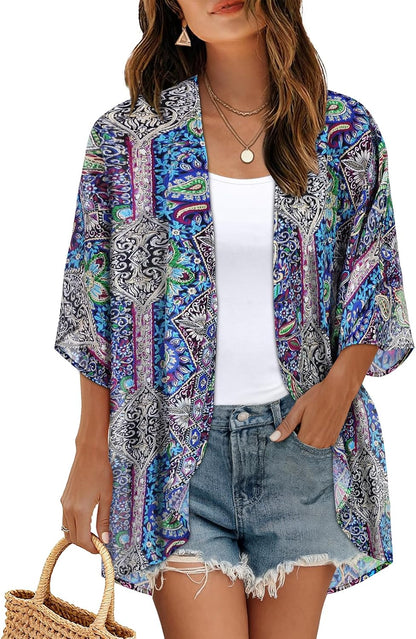 Womens Floral Kimono Cardigan Chiffon Beach Coverups Sheer Swimsuit Cover Up Casual Summer Tops