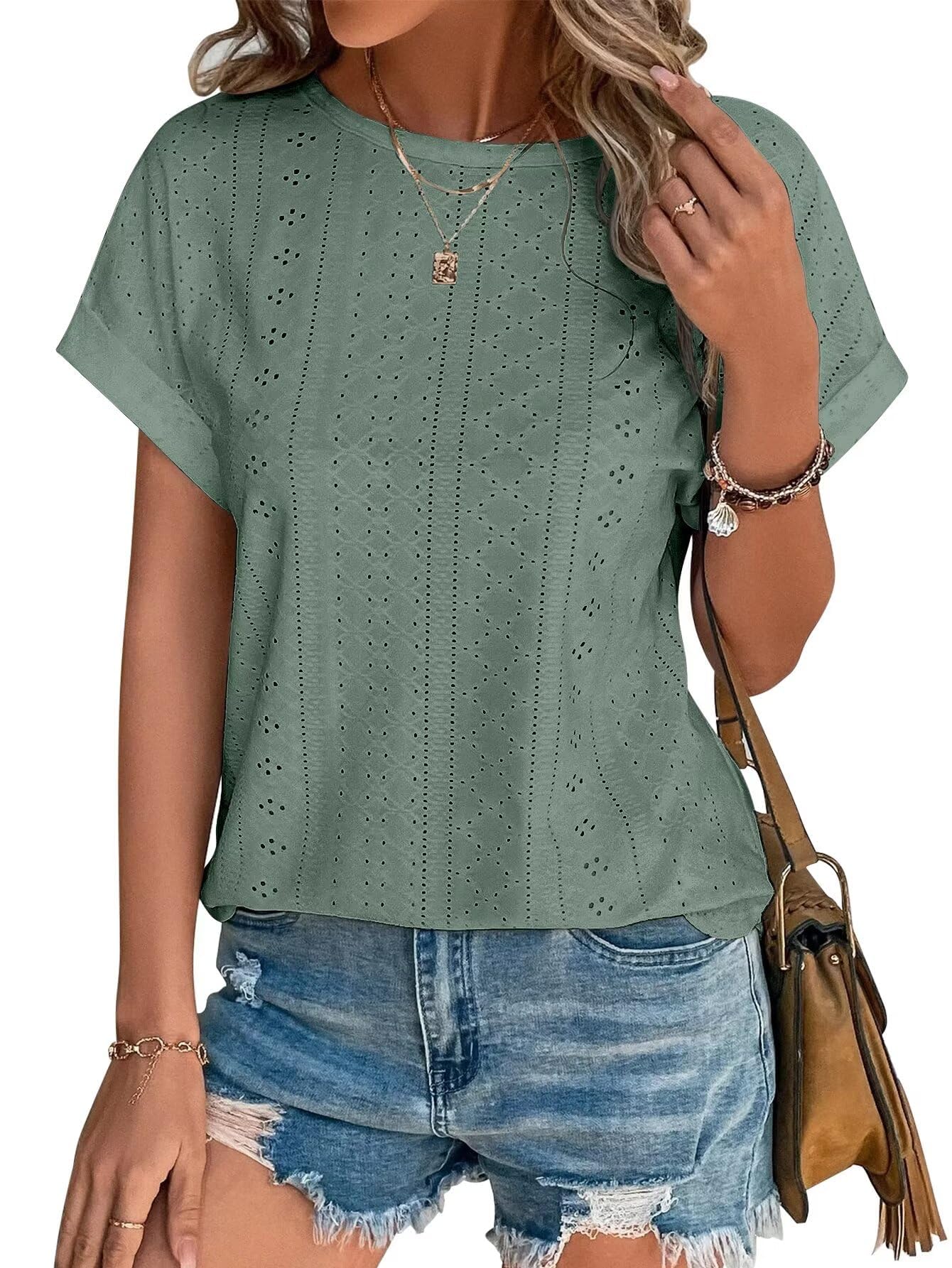 Womens Tops Eyelet Embroidery Summer Spring Crewneck Curved Hem 2025 Casual Cap Short Sleeve Tunic Trendy T Shirts
