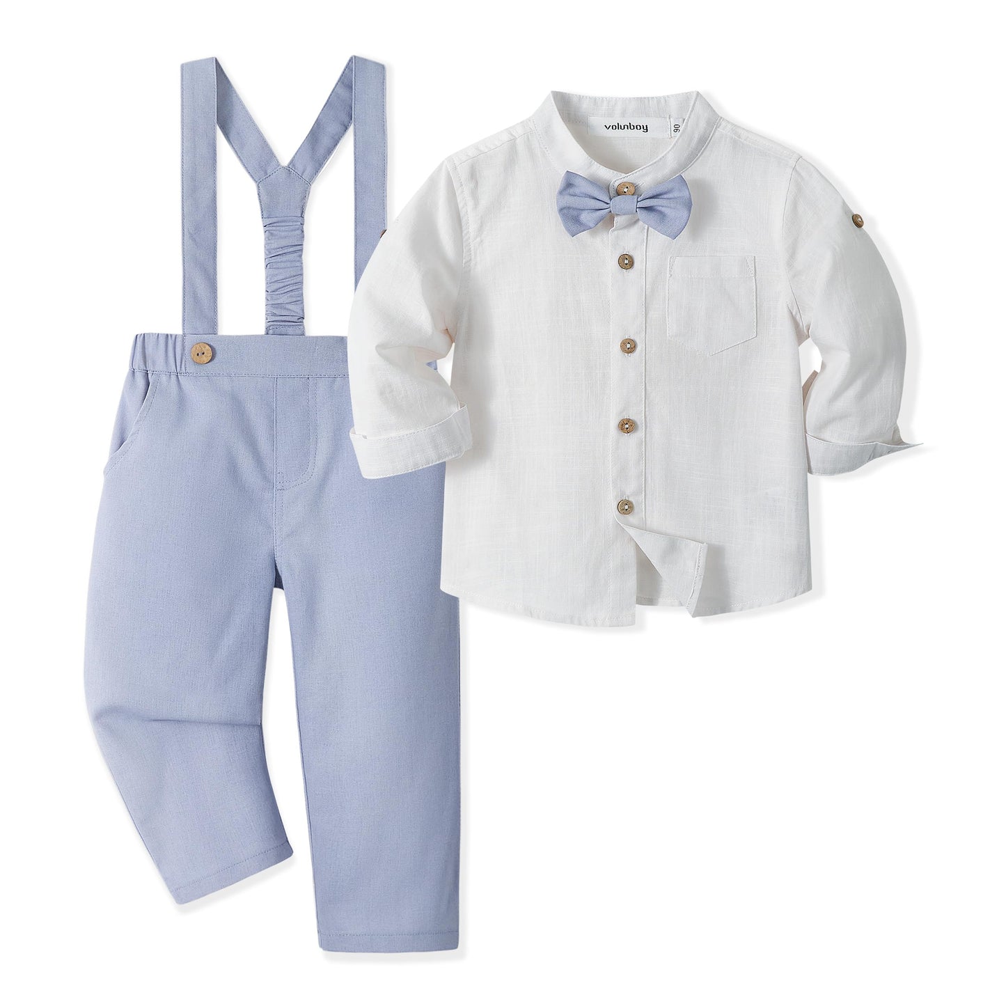Volunboy Baby Boys Cotton Linen Formal Suspenders Outfits with Bowtie Toddler Long Sleeve Gentleman Wedding Dress Clothes