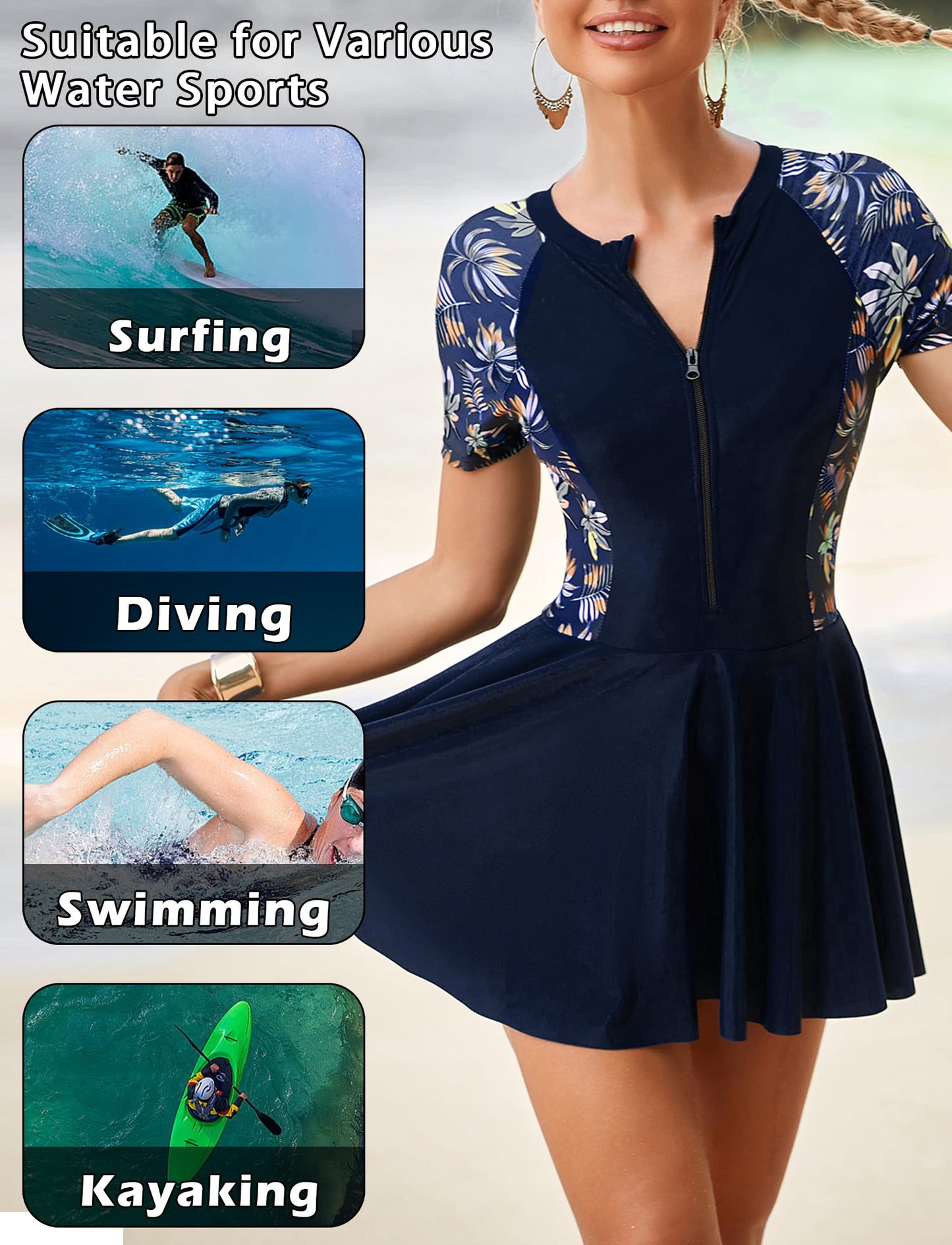 FEOYA Women's Short Sleeve Swimsuits Swim Dress 50+ UPF Rash Guard Modest One Piece Swimwear with Skirt Bathing Suit
