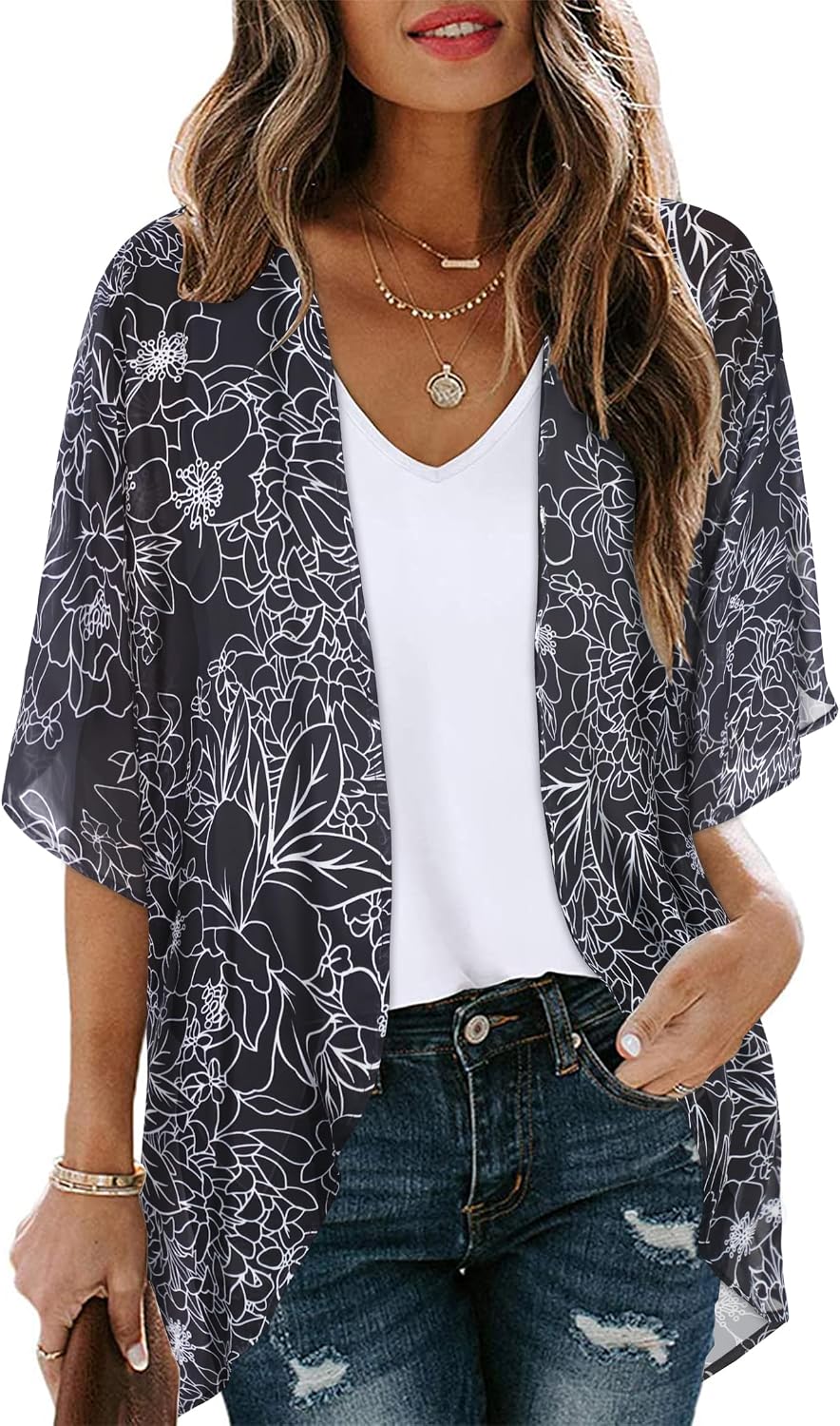 Womens Floral Kimono Cardigan Chiffon Beach Coverups Sheer Swimsuit Cover Up Casual Summer Tops