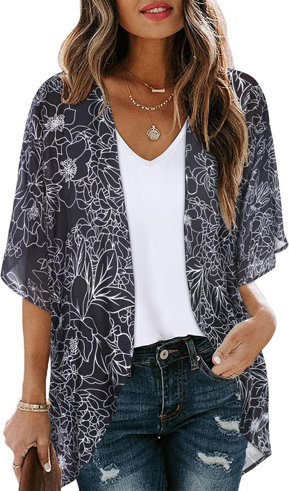 Womens Floral Kimono Cardigan Chiffon Beach Coverups Sheer Swimsuit Cover Up Casual Summer Tops