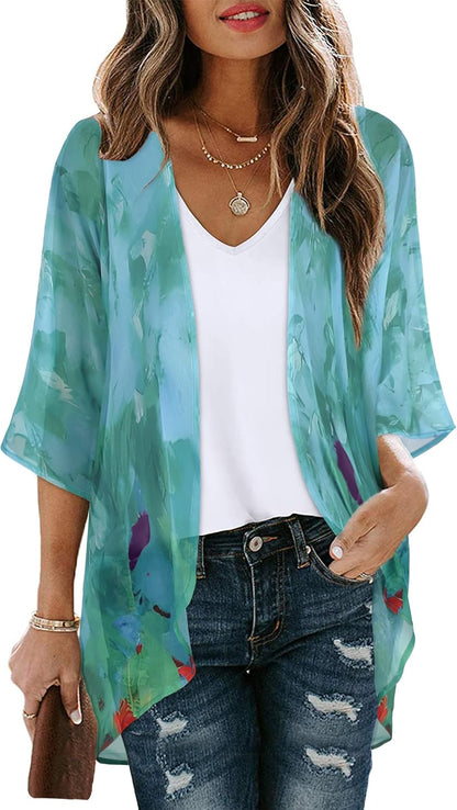 Womens Floral Kimono Cardigan Chiffon Beach Coverups Sheer Swimsuit Cover Up Casual Summer Tops