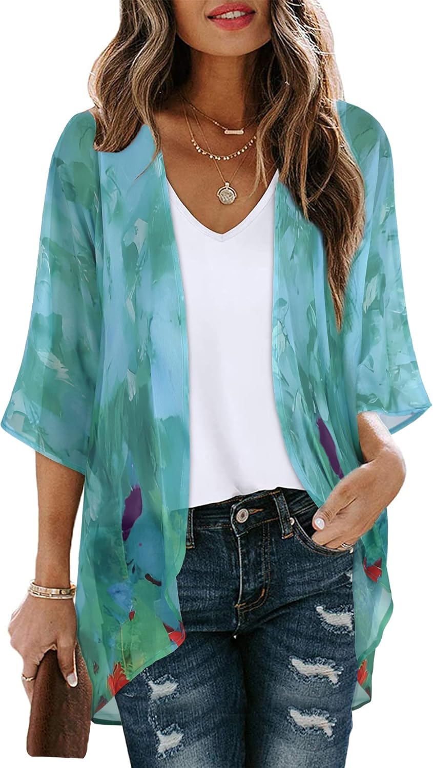 Womens Floral Kimono Cardigan Chiffon Beach Coverups Sheer Swimsuit Cover Up Casual Summer Tops