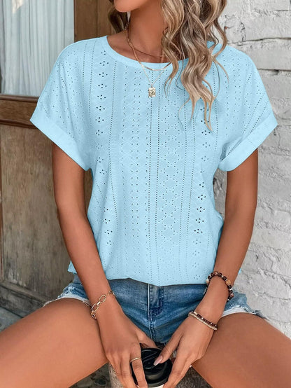 Womens Tops Eyelet Embroidery Summer Spring Crewneck Curved Hem 2025 Casual Cap Short Sleeve Tunic Trendy T Shirts