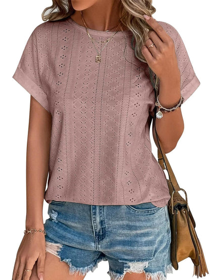 Womens Tops Eyelet Embroidery Summer Spring Crewneck Curved Hem 2025 Casual Cap Short Sleeve Tunic Trendy T Shirts