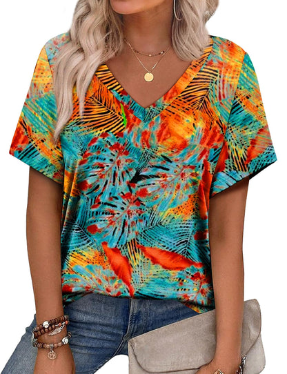 Womens Summer Tops Short Sleeve V Neck Casual T-Shirts Printed Trendy Vacation Outfits