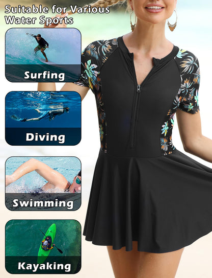 FEOYA Women's Short Sleeve Swimsuits Swim Dress 50+ UPF Rash Guard Modest One Piece Swimwear with Skirt Bathing Suit