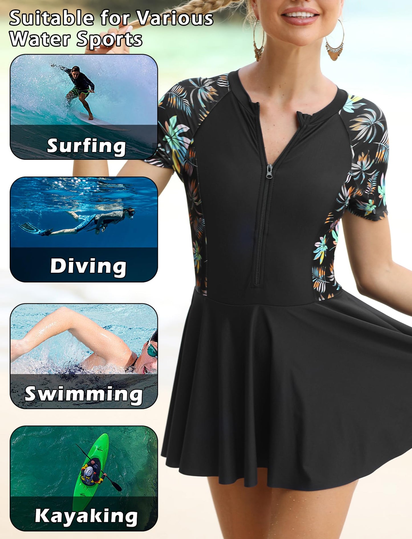 FEOYA Women's Short Sleeve Swimsuits Swim Dress 50+ UPF Rash Guard Modest One Piece Swimwear with Skirt Bathing Suit