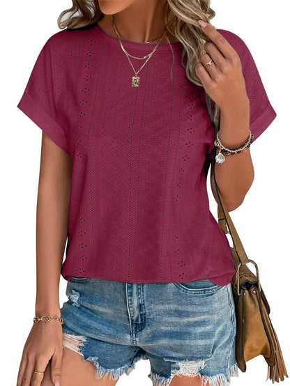 Womens Tops Eyelet Embroidery Summer Spring Crewneck Curved Hem 2025 Casual Cap Short Sleeve Tunic Trendy T Shirts