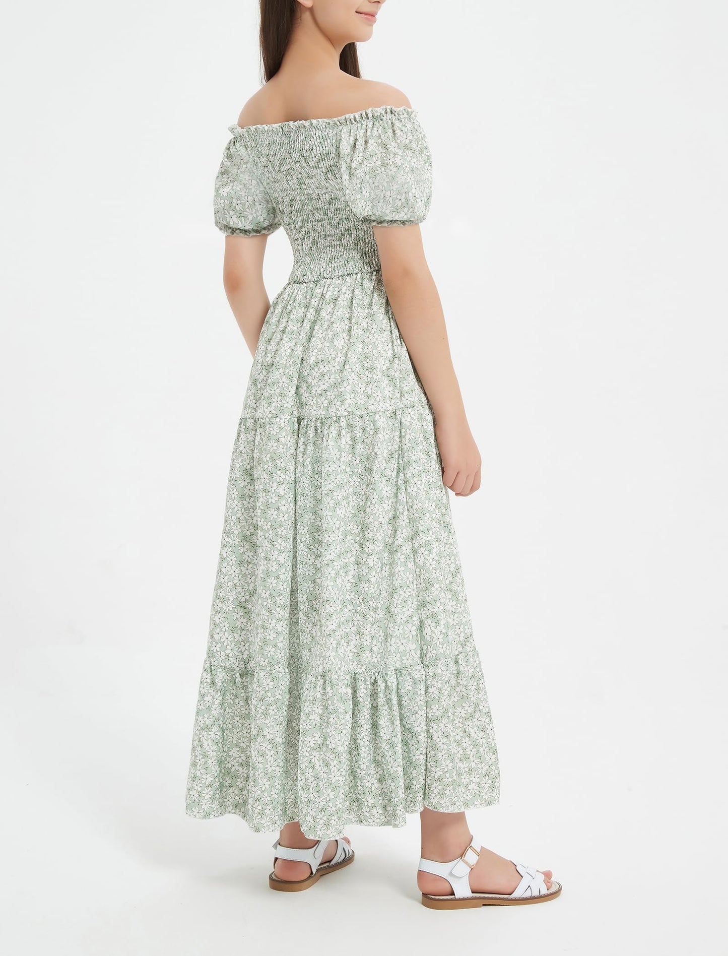 EXARUS Girls Maxi Long Smocked Dress Tween Swiss Dots Summer Square Neck Short Sleeve Casual A-line Dresses for 6-12Y | Tween A-Line Dresses Vacation Beach Sundress Beach Dance Casual Homecoming Party 6-14Y