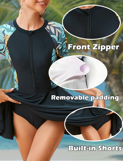 FEOYA Women's Short Sleeve Swimsuits Swim Dress 50+ UPF Rash Guard Modest One Piece Swimwear with Skirt Bathing Suit