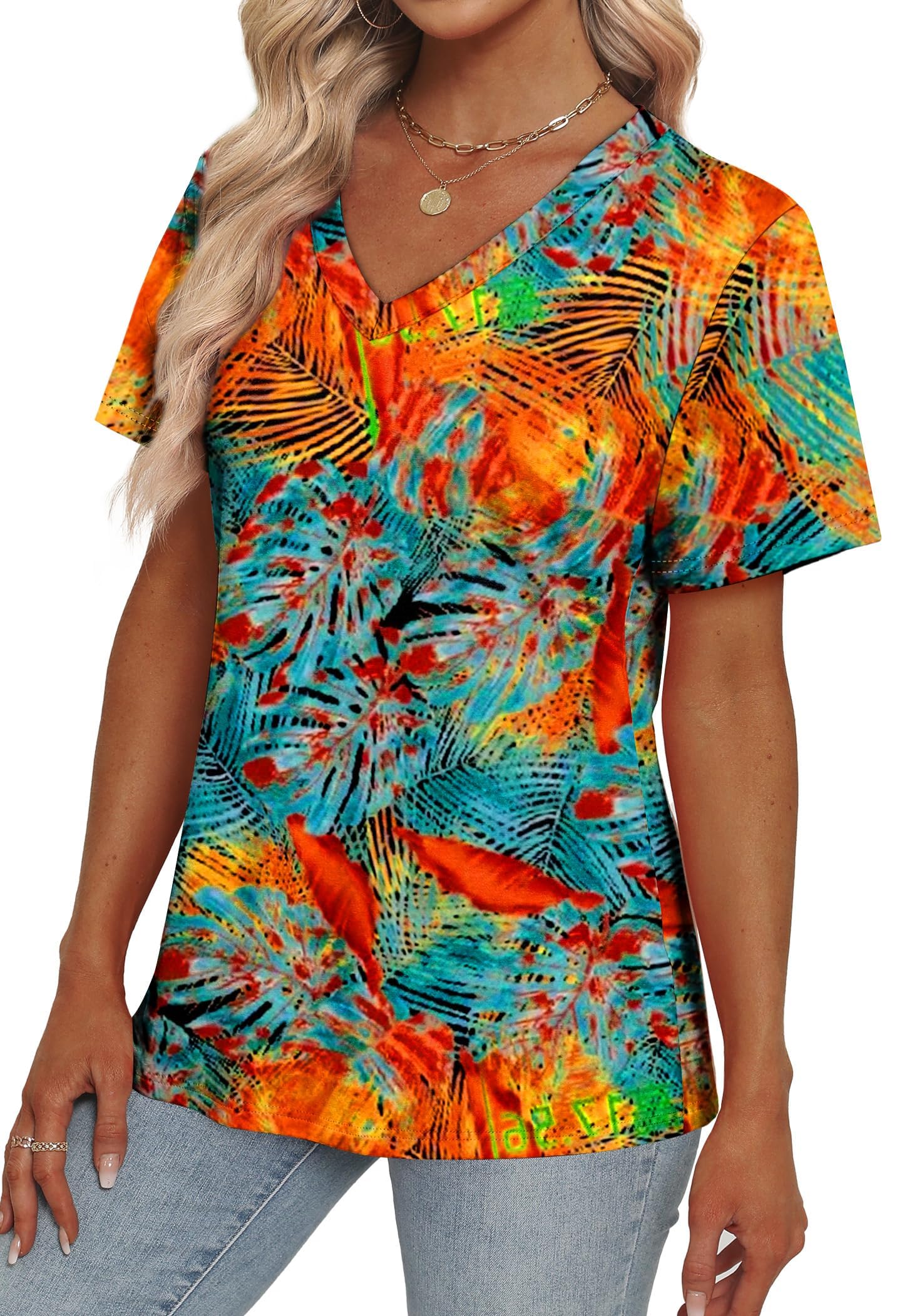 Womens Summer Tops Short Sleeve V Neck Casual T-Shirts Printed Trendy Vacation Outfits
