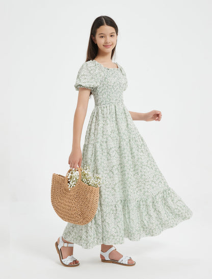 EXARUS Girls Maxi Long Smocked Dress Tween Swiss Dots Summer Square Neck Short Sleeve Casual A-line Dresses for 6-12Y | Tween A-Line Dresses Vacation Beach Sundress Beach Dance Casual Homecoming Party 6-14Y