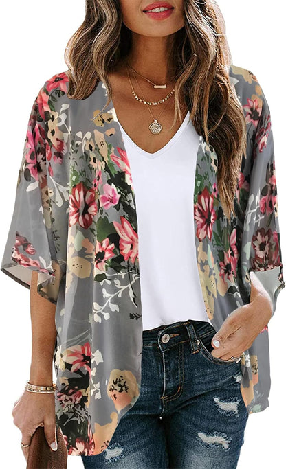 Womens Floral Kimono Cardigan Chiffon Beach Coverups Sheer Swimsuit Cover Up Casual Summer Tops