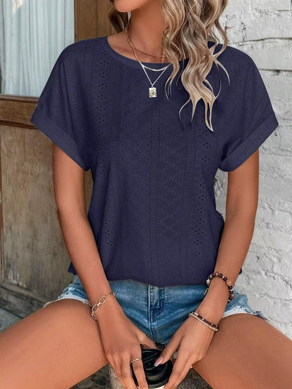 Womens Tops Eyelet Embroidery Summer Spring Crewneck Curved Hem 2025 Casual Cap Short Sleeve Tunic Trendy T Shirts