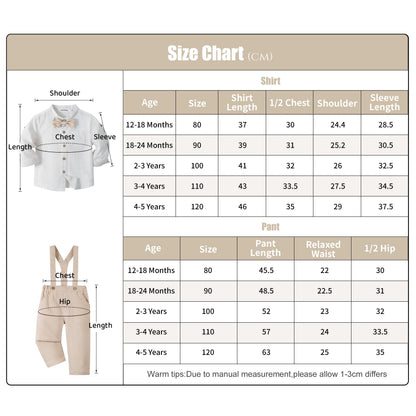 Volunboy Baby Boys Cotton Linen Formal Suspenders Outfits with Bowtie Toddler Long Sleeve Gentleman Wedding Dress Clothes