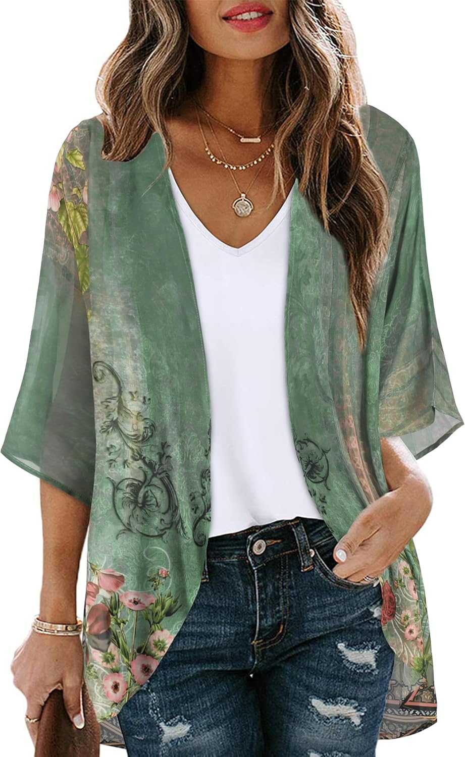 Womens Floral Kimono Cardigan Chiffon Beach Coverups Sheer Swimsuit Cover Up Casual Summer Tops