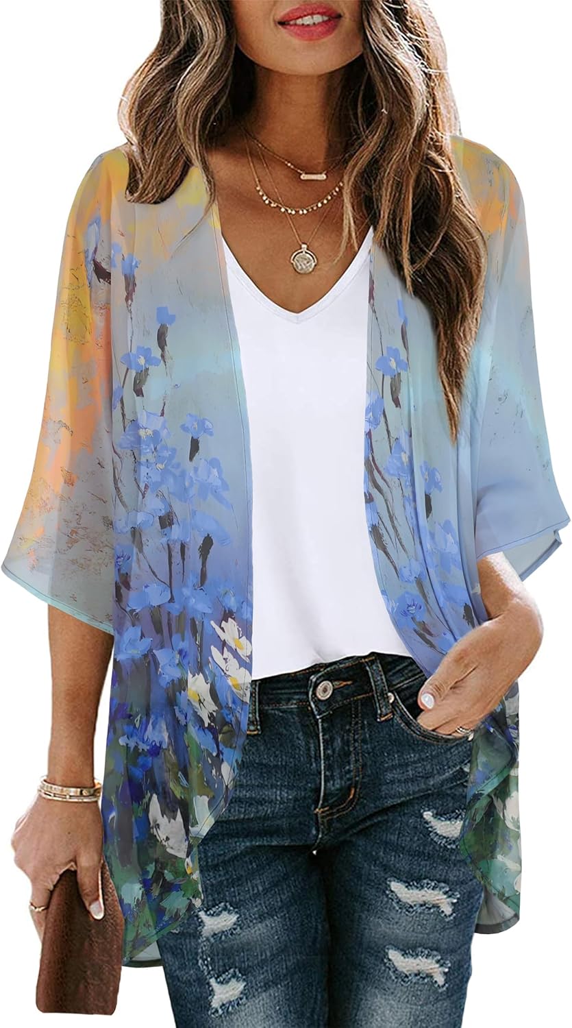 Womens Floral Kimono Cardigan Chiffon Beach Coverups Sheer Swimsuit Cover Up Casual Summer Tops
