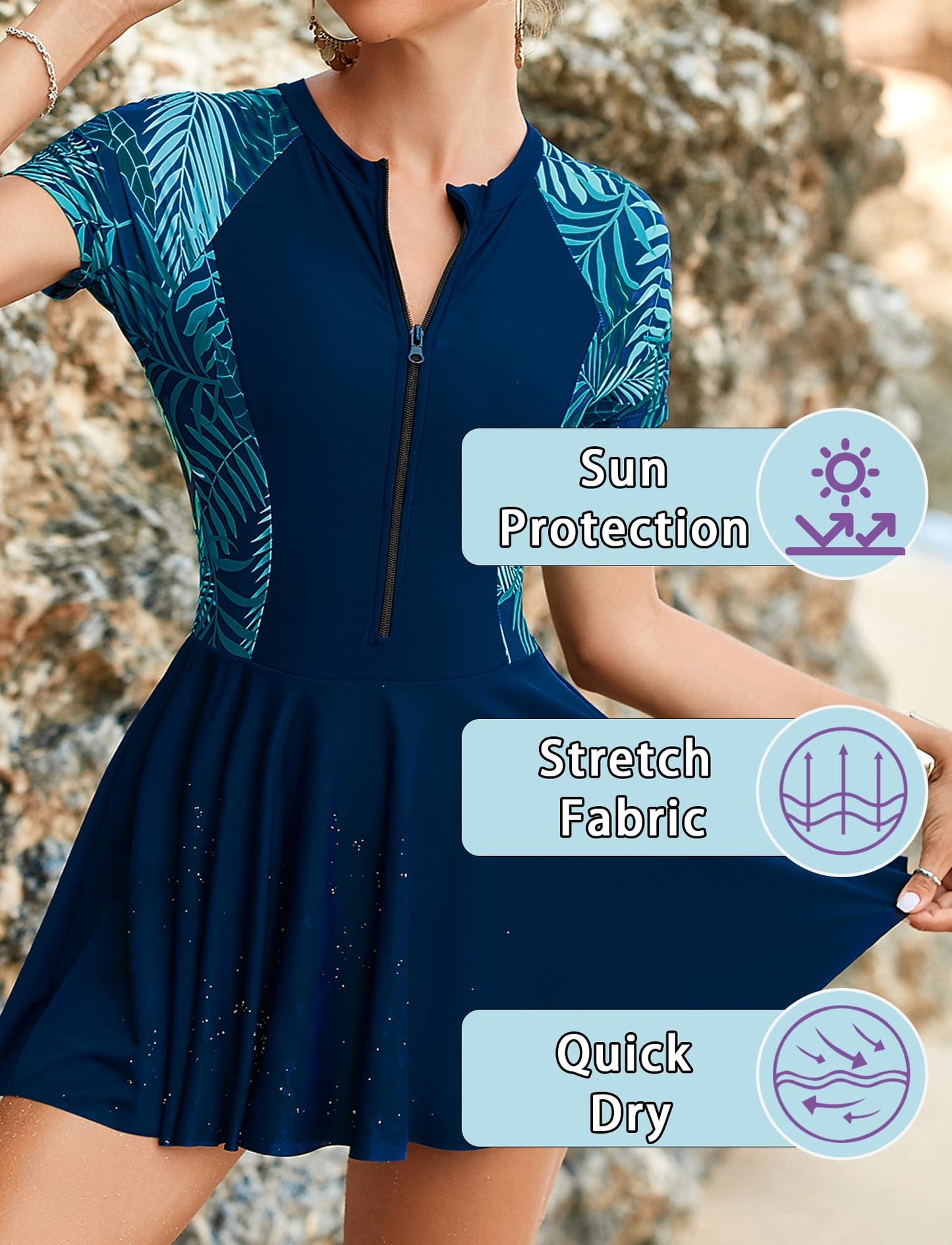 FEOYA Women's Short Sleeve Swimsuits Swim Dress 50+ UPF Rash Guard Modest One Piece Swimwear with Skirt Bathing Suit