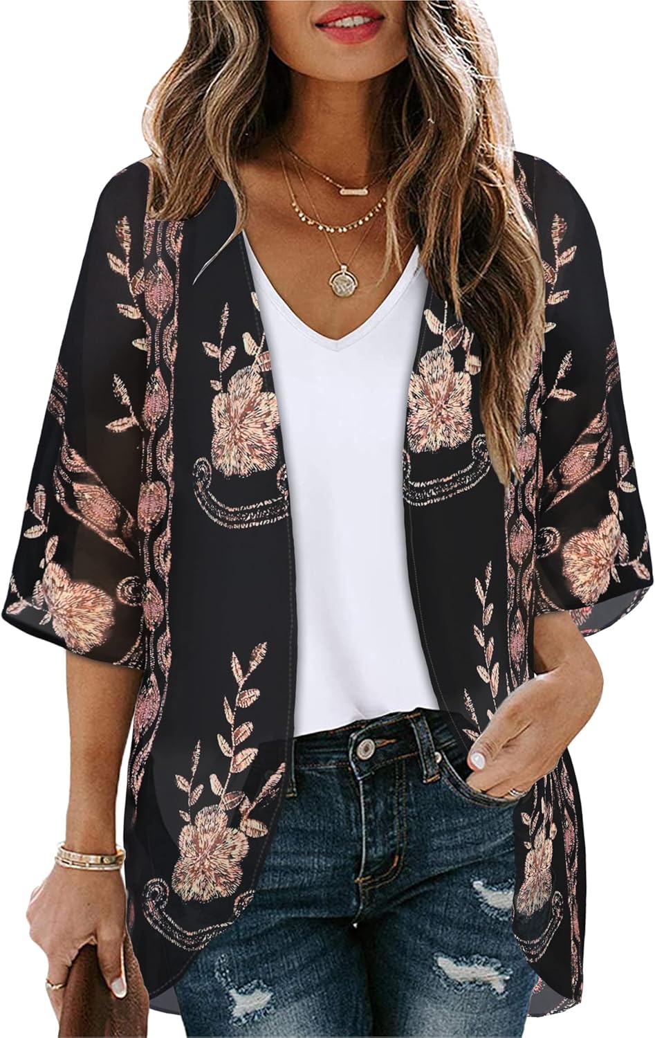 Womens Floral Kimono Cardigan Chiffon Beach Coverups Sheer Swimsuit Cover Up Casual Summer Tops