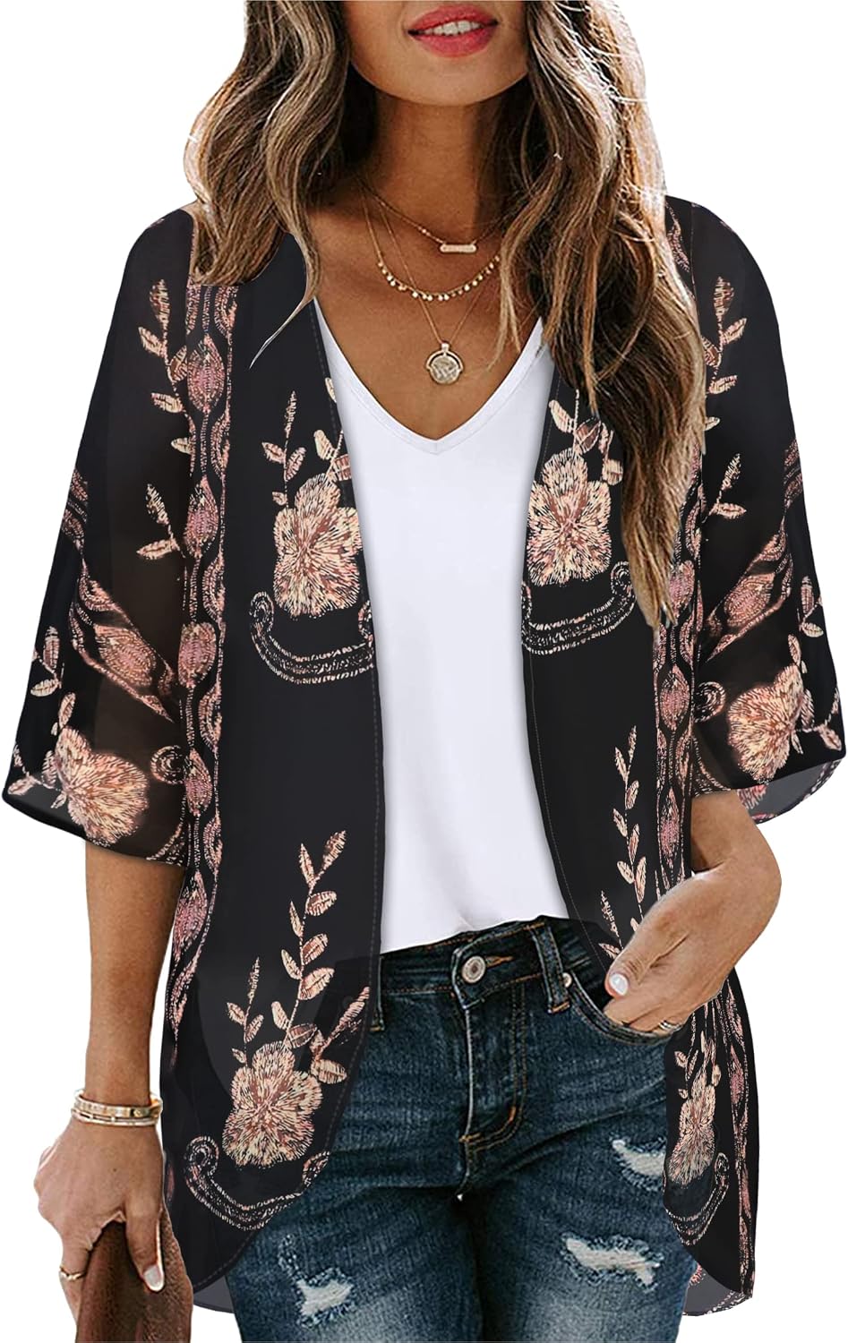 Womens Floral Kimono Cardigan Chiffon Beach Coverups Sheer Swimsuit Cover Up Casual Summer Tops