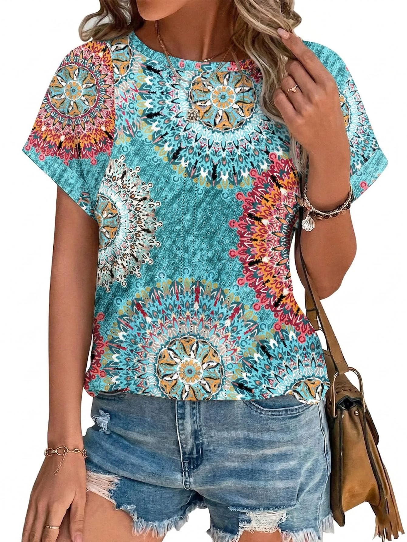 Womens Tops Eyelet Embroidery Summer Spring Crewneck Curved Hem 2025 Casual Cap Short Sleeve Tunic Trendy T Shirts
